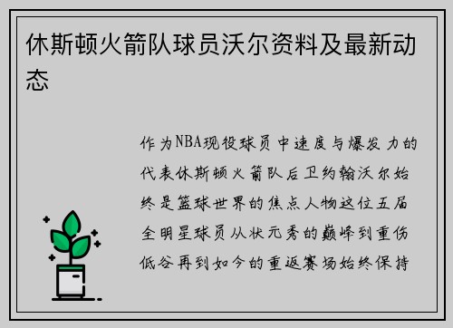 休斯顿火箭队球员沃尔资料及最新动态